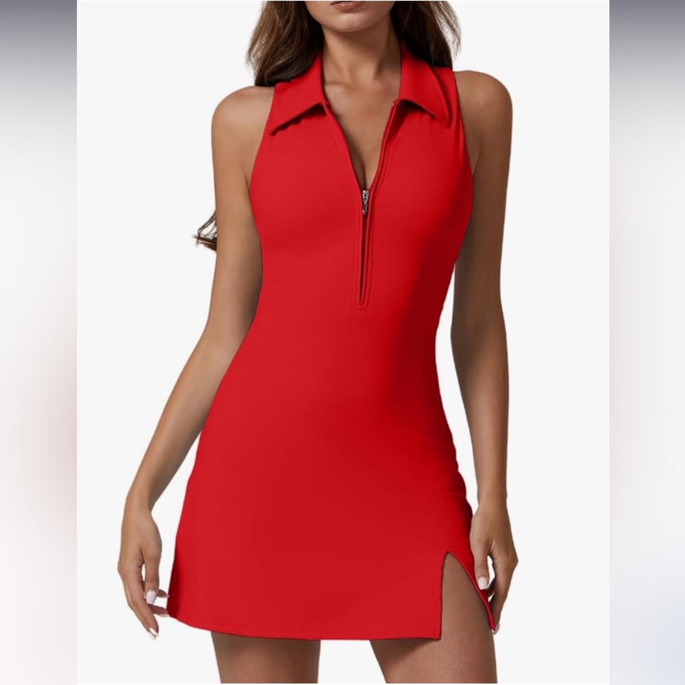 Bright Red Zip Front Tennis Dress Polo Collar Racerback Workout Built-in Shorts